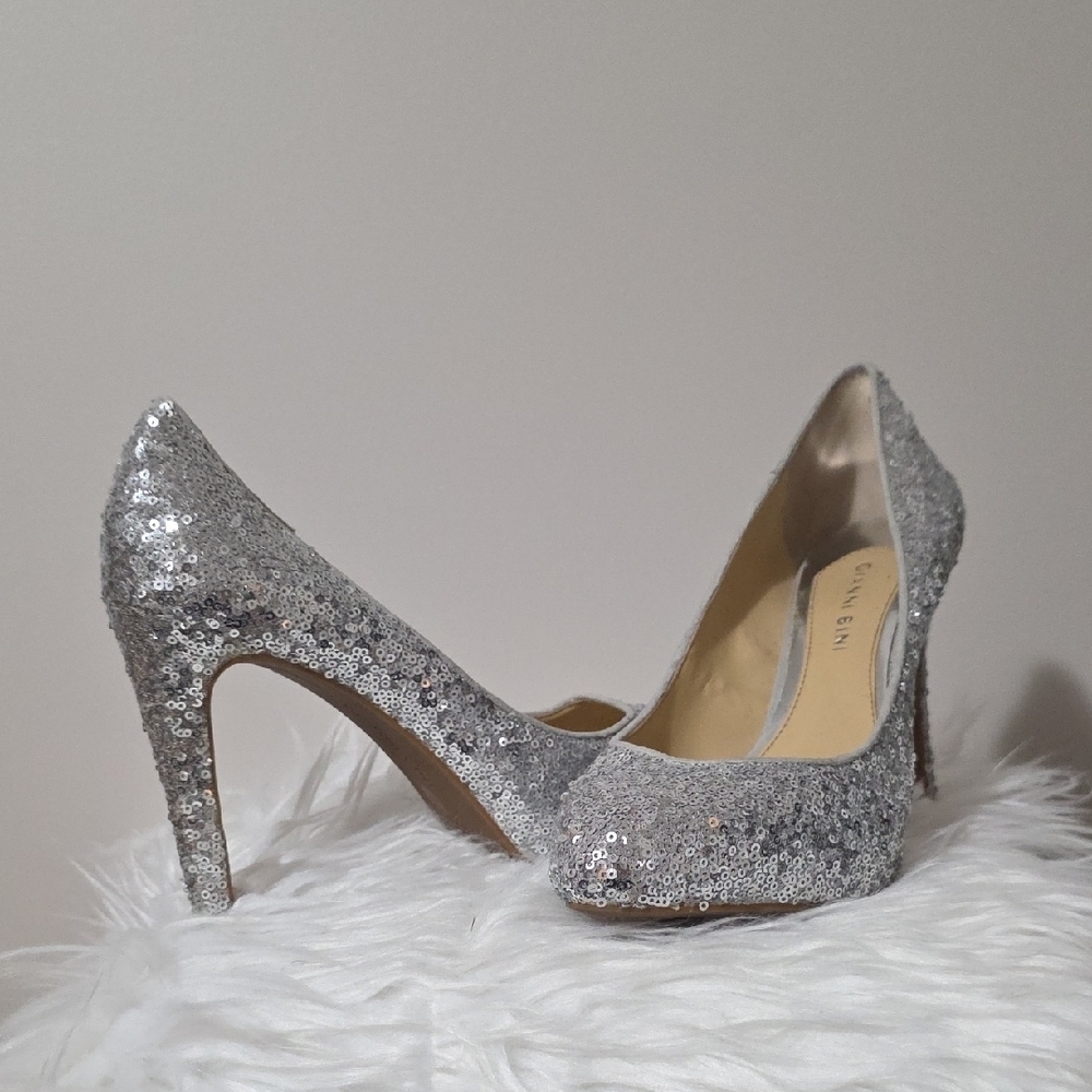 Gianni Bini Silver Sequin Pointed Toe Pumps | Padded Forefoot | 4.5" Heel - Picture 4 of 15